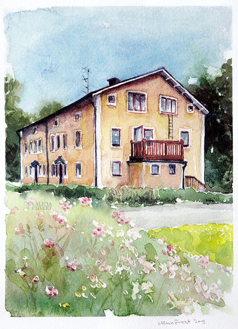 Bergsgatan i Gustavsberg. akvarell med Värmdömotiv av Alicia Sivertsson - www.aliciasivert.se
