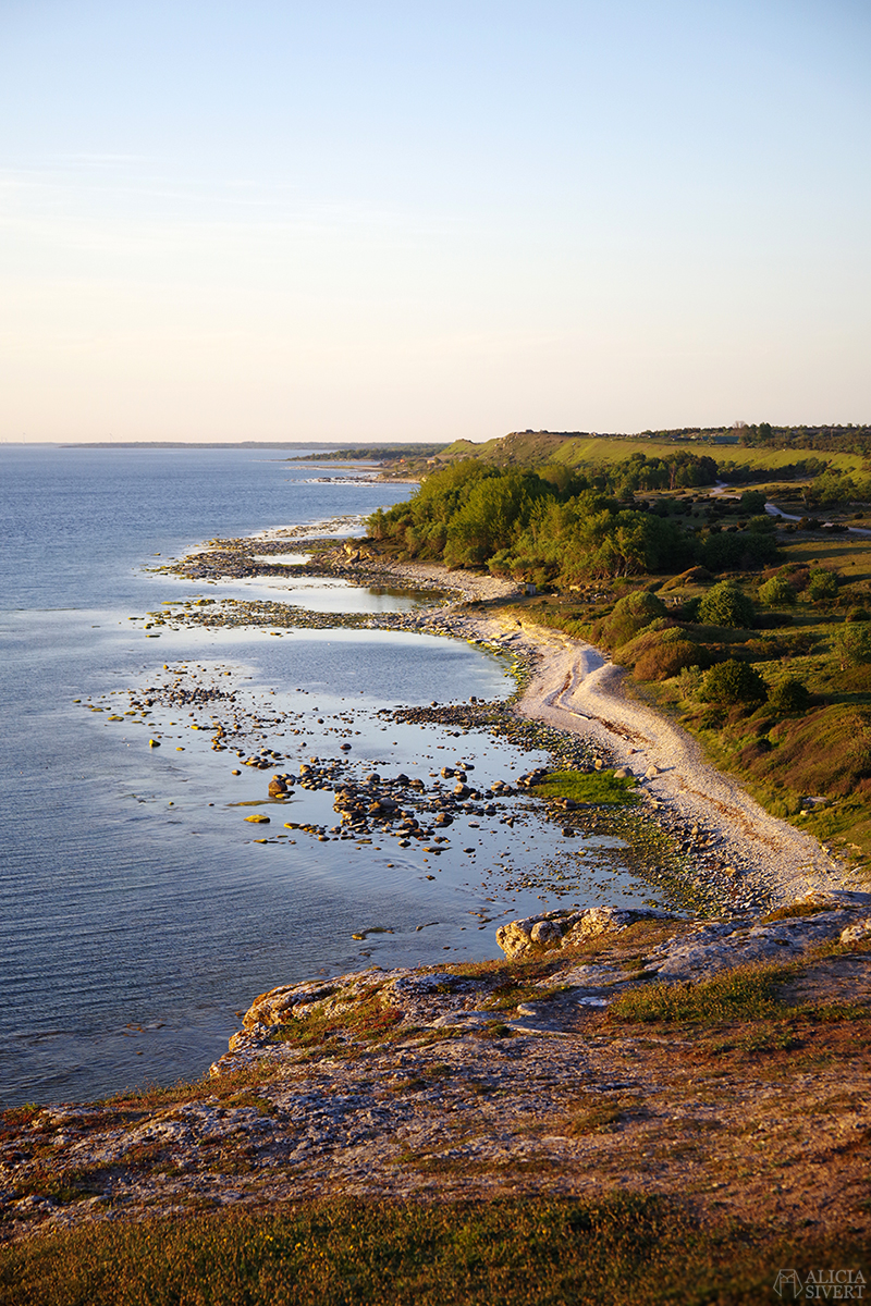 Utsikt över havet och strandkanten från Hoburgens klippor. Gotland i juni - www.aliciasivert.se